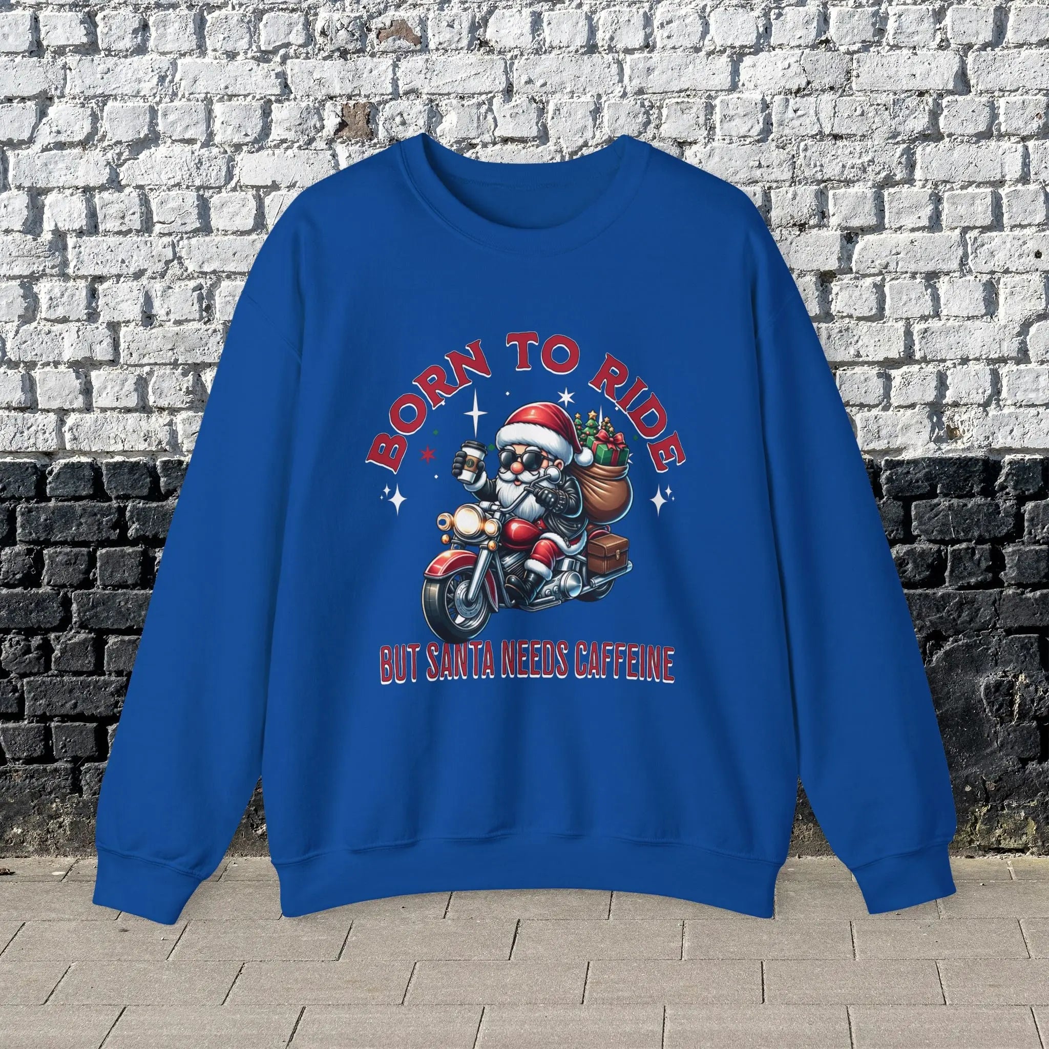 Born to Ride Sweatshirt - Santa on motorcycle holding coffee Christmas Shirt - Boldly Bitter Company