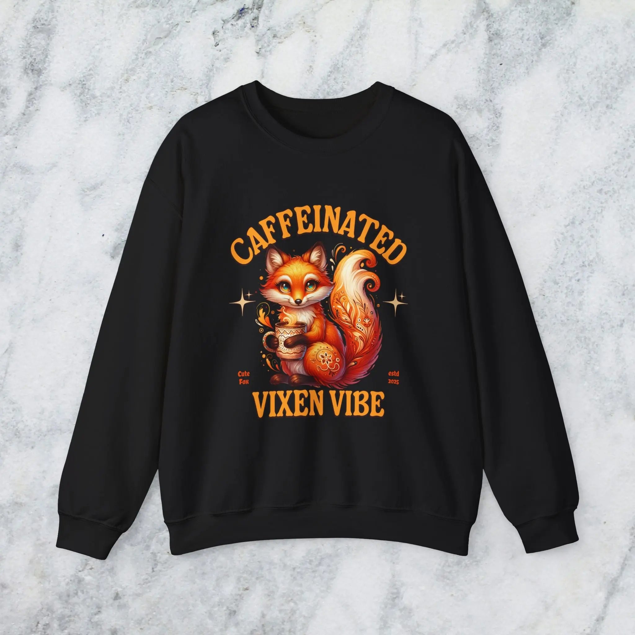 Caffeinated Vixen Vibe Sweatshirt, Cozy Unisex Crewneck for Coffee Lovers, Gift for Birthdays, Fall Fashion, Cute Animal Sweater Printify
