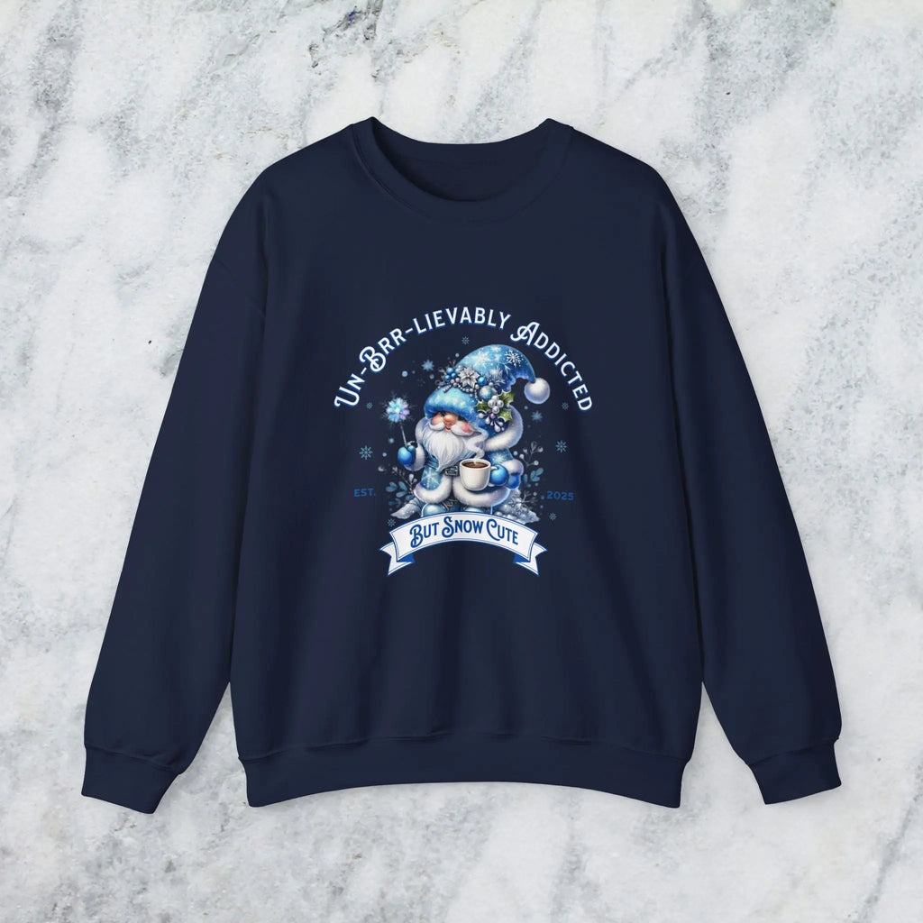 Unbrr-lievalby Addicted Sweatshirt - cute gnome with magic wand holding coffee winter shirt Printify