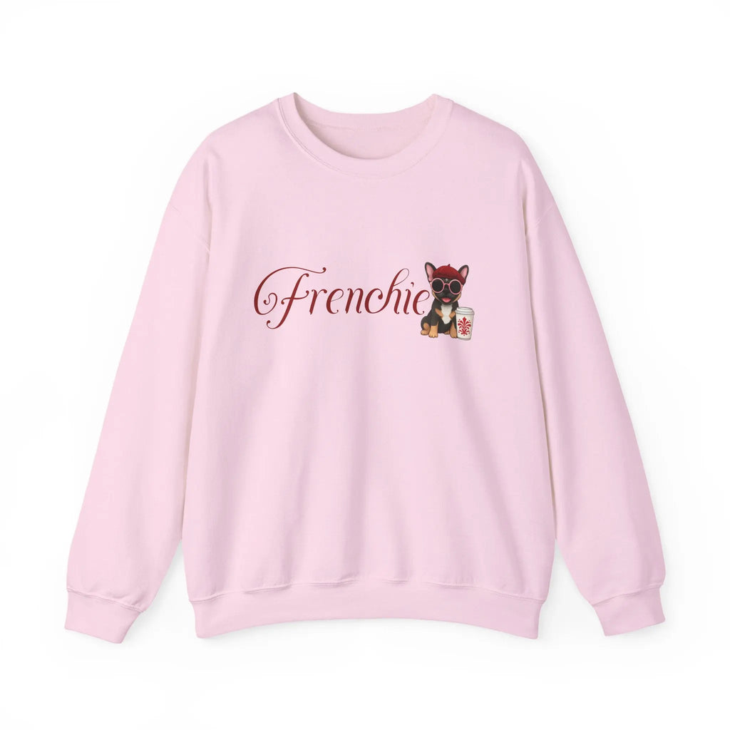 Frenchie Coffee Crewneck — Cute French Bulldog in Beret & Sunglasses Printify