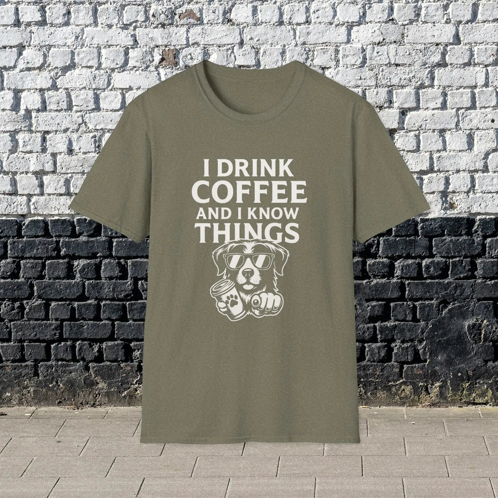 Coffee-Loving Dog T-Shirt — "I Drink Coffee and I Know Things" Printify