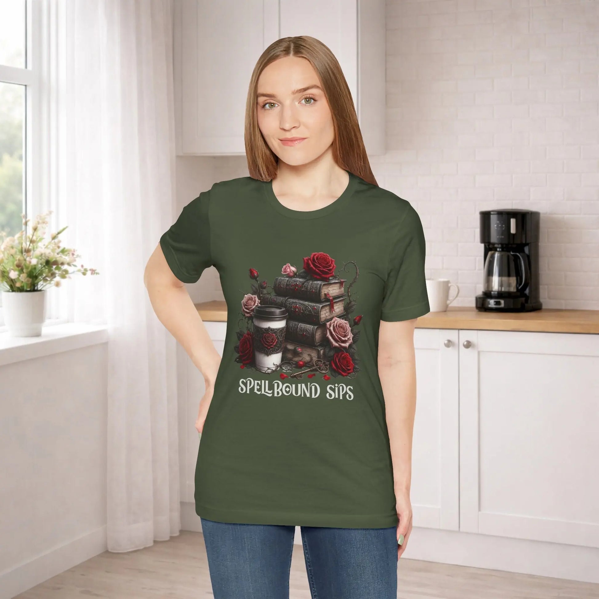 Spellbound Sips Tee - Gothic Book & Coffee Shirt Printify