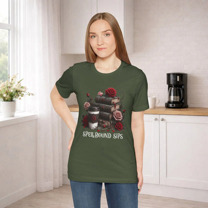 Spellbound Sips Tee - Gothic Book & Coffee Shirt Printify