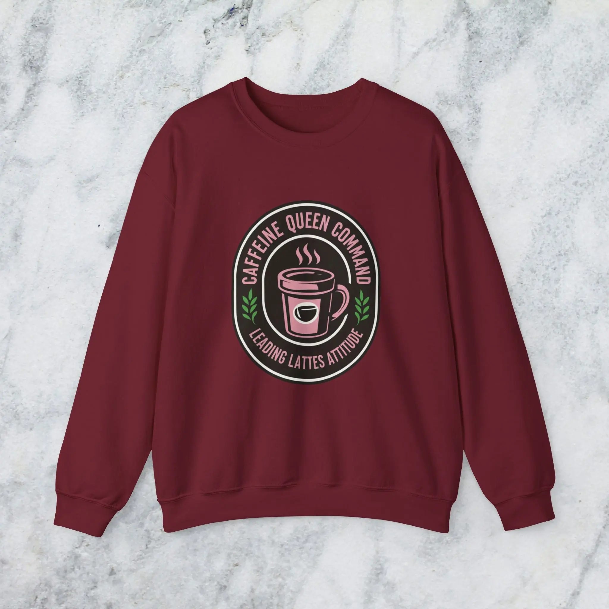Coffee Crewneck Sweatshirt — "Caffeine Queen Command" Latte Lovers Pullover Printify