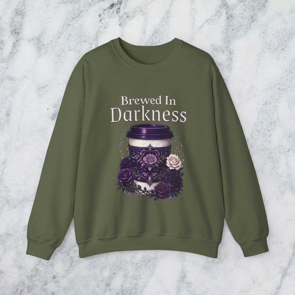 Brewed in Darkness Sweatshirt — Gothic Coffee Cup Graphic Printify