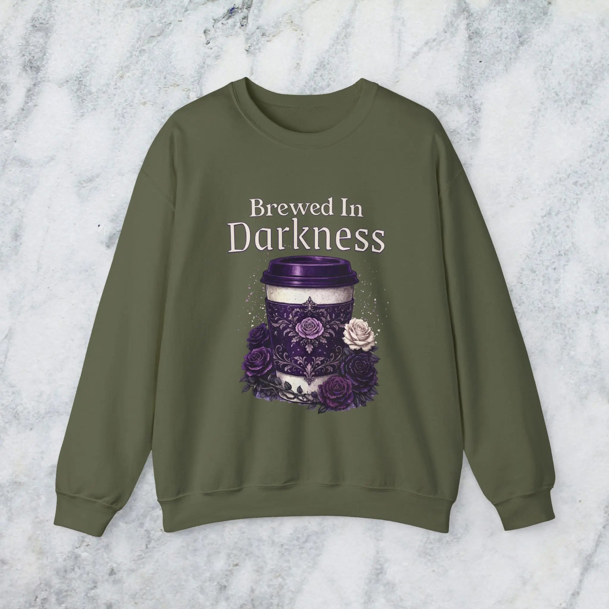 Brewed in Darkness Sweatshirt — Gothic Coffee Cup Graphic Printify