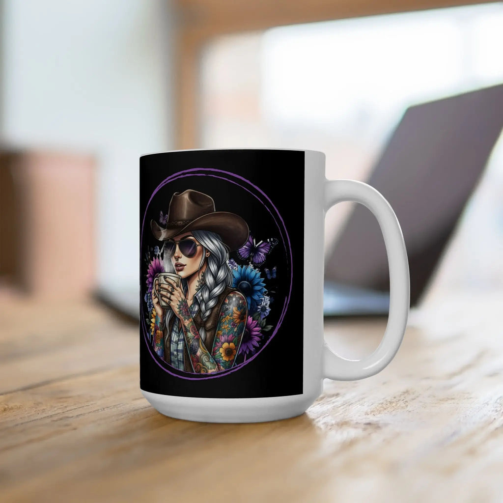 Cowgirl Flower Coffee Mug — 15oz flower butterfly tattoo woman cup Printify
