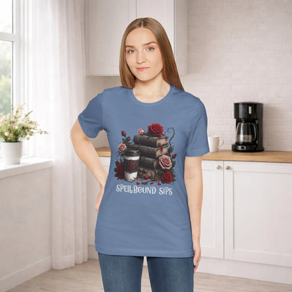 Spellbound Sips Tee - Gothic Book & Coffee Shirt Printify