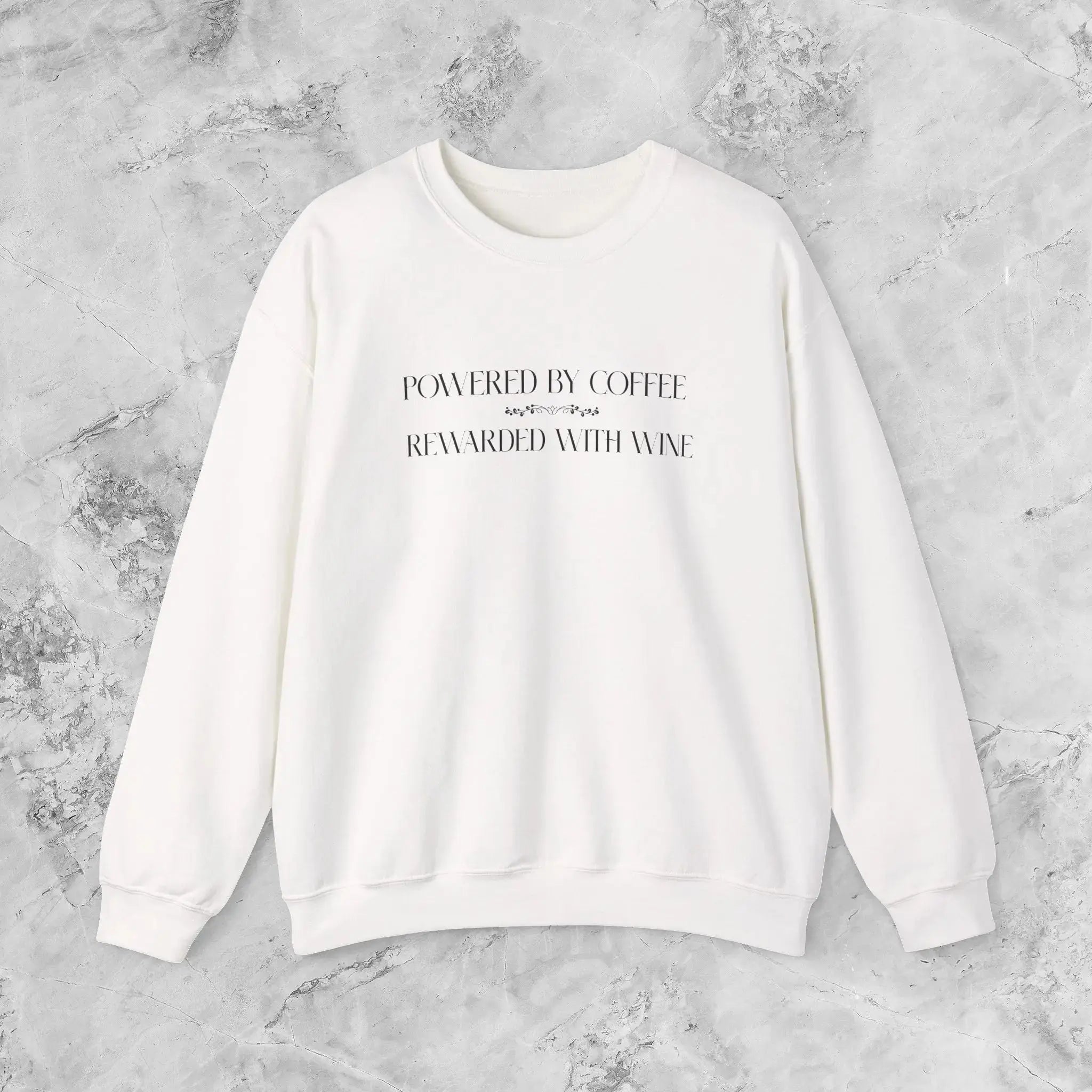 "Powered by Coffee, Rewarded with Wine" Crewneck Sweatshirt — Cozy Casual Coffee & Wine Lover Pullover Printify