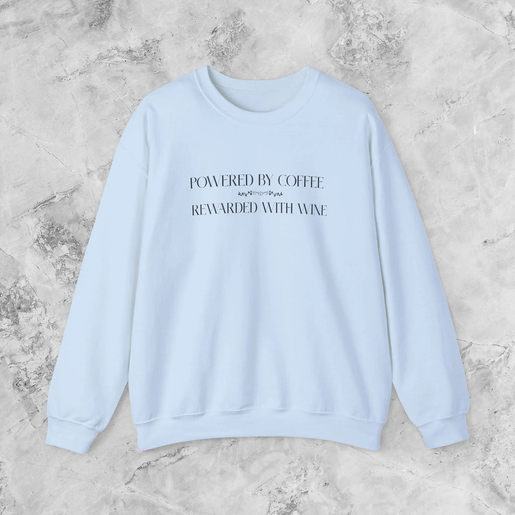 "Powered by Coffee, Rewarded with Wine" Crewneck Sweatshirt — Cozy Casual Coffee & Wine Lover Pullover Printify