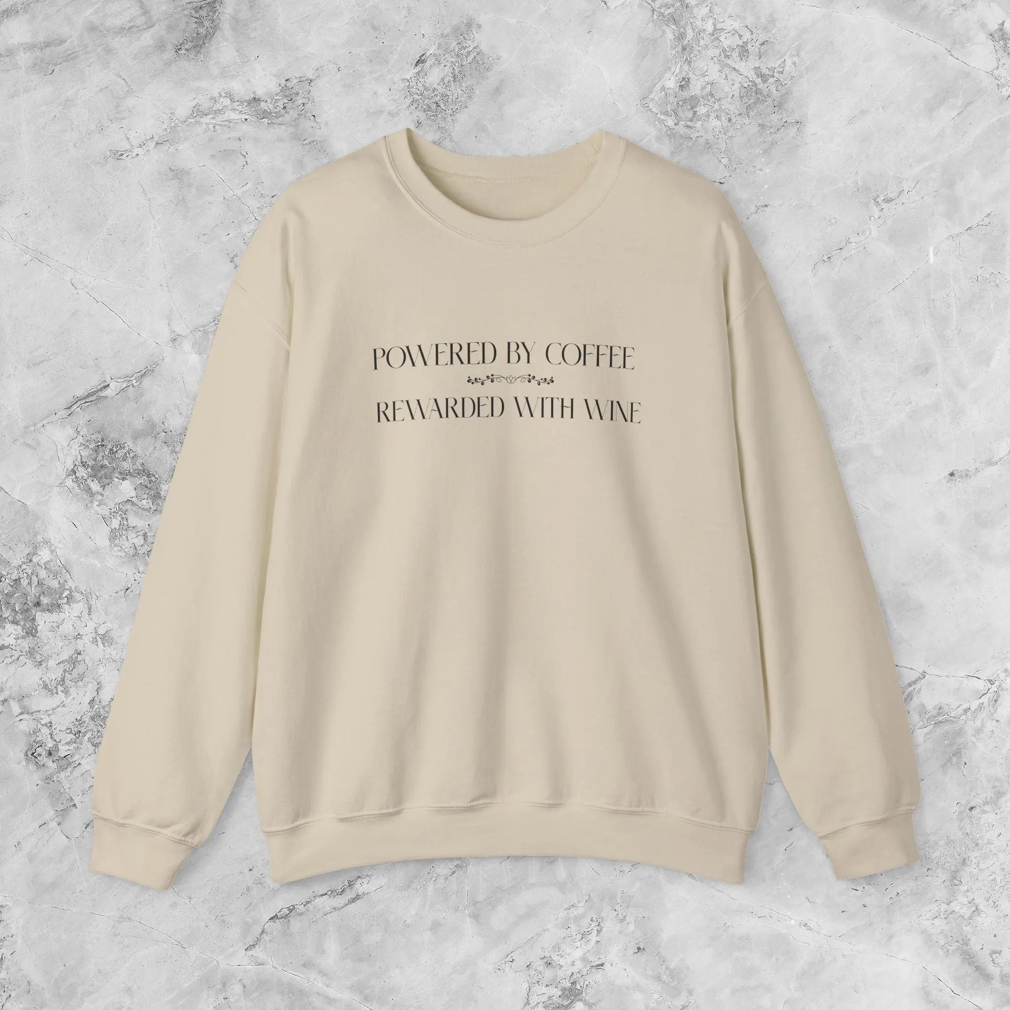 "Powered by Coffee, Rewarded with Wine" Crewneck Sweatshirt — Cozy Casual Coffee & Wine Lover Pullover Printify