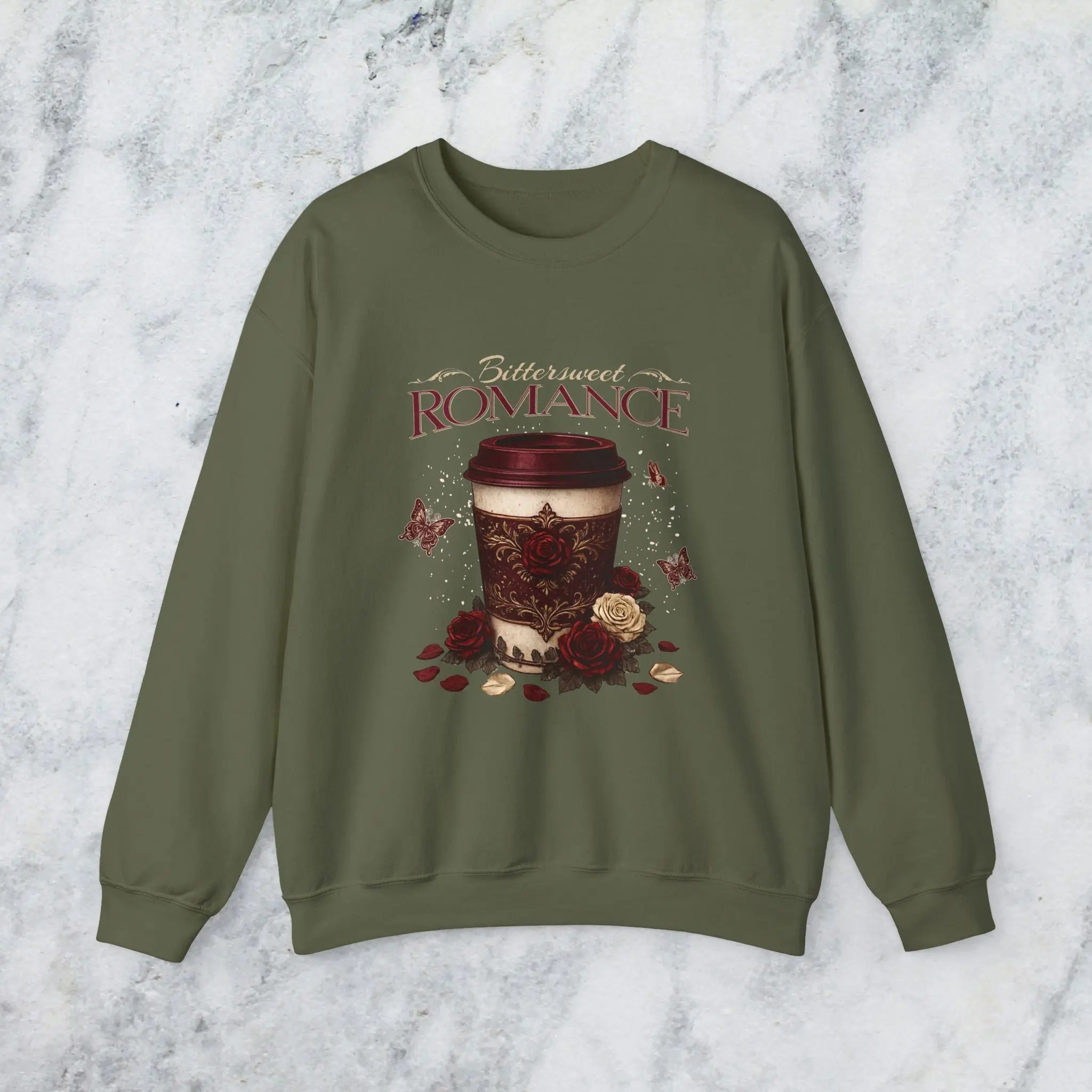 Bitterweet Romance Sweatshirt — Coffee & Roses Cozy Crewneck Printify