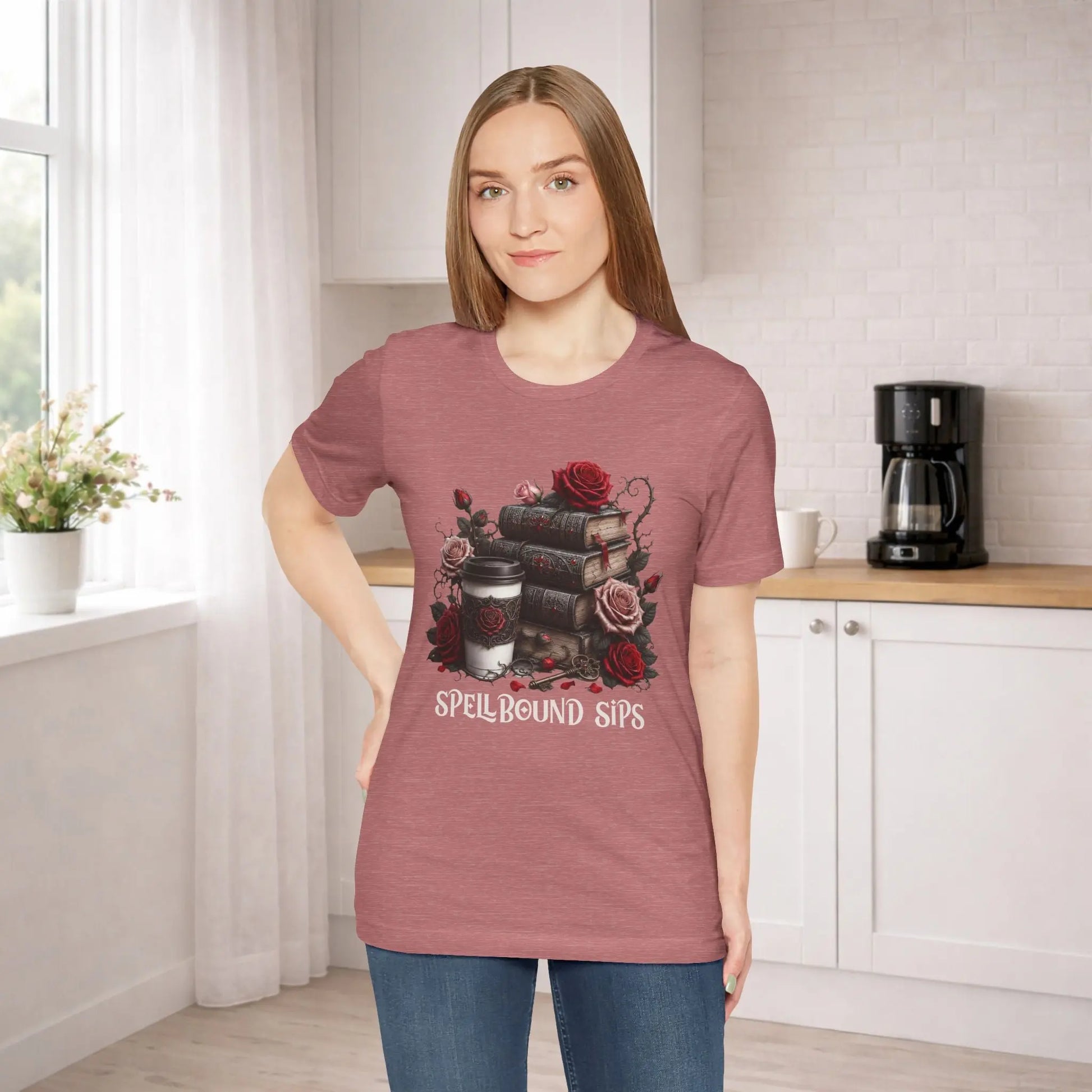 Spellbound Sips Tee - Gothic Book & Coffee Shirt Printify