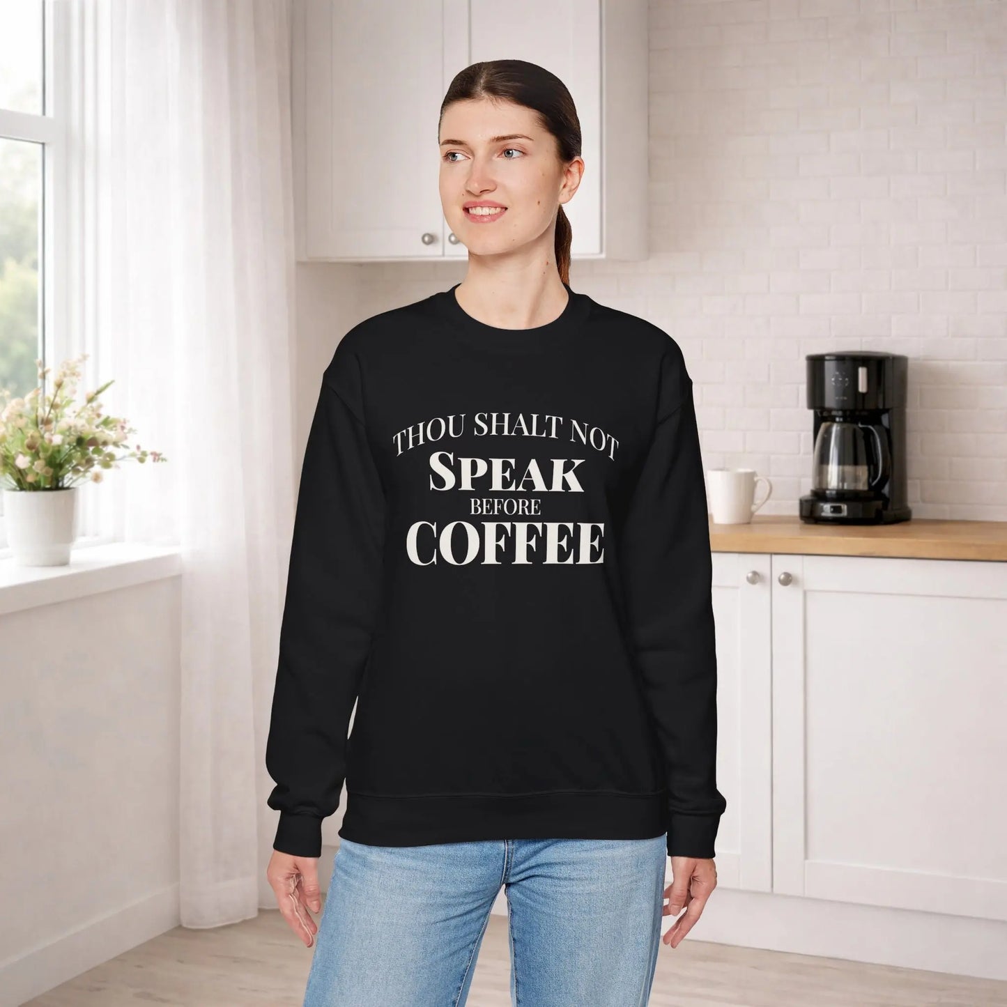 Speak Before Coffee Sweatshirt Printify