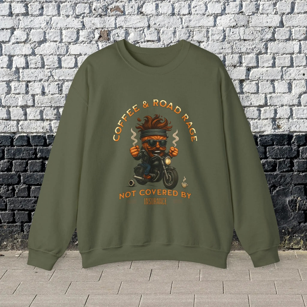 Coffee & Road Rage Sweatshirt - Funny To Go Cup on Motorcycle Coffee Sweatshirt Printify