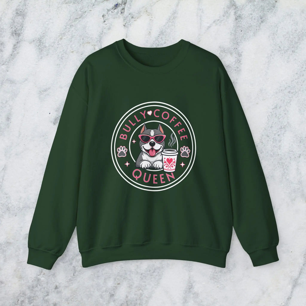 Bully Coffee Queen Sweatshirt — Pitbull with Pink Sunglasses & Coffee Graphic Printify