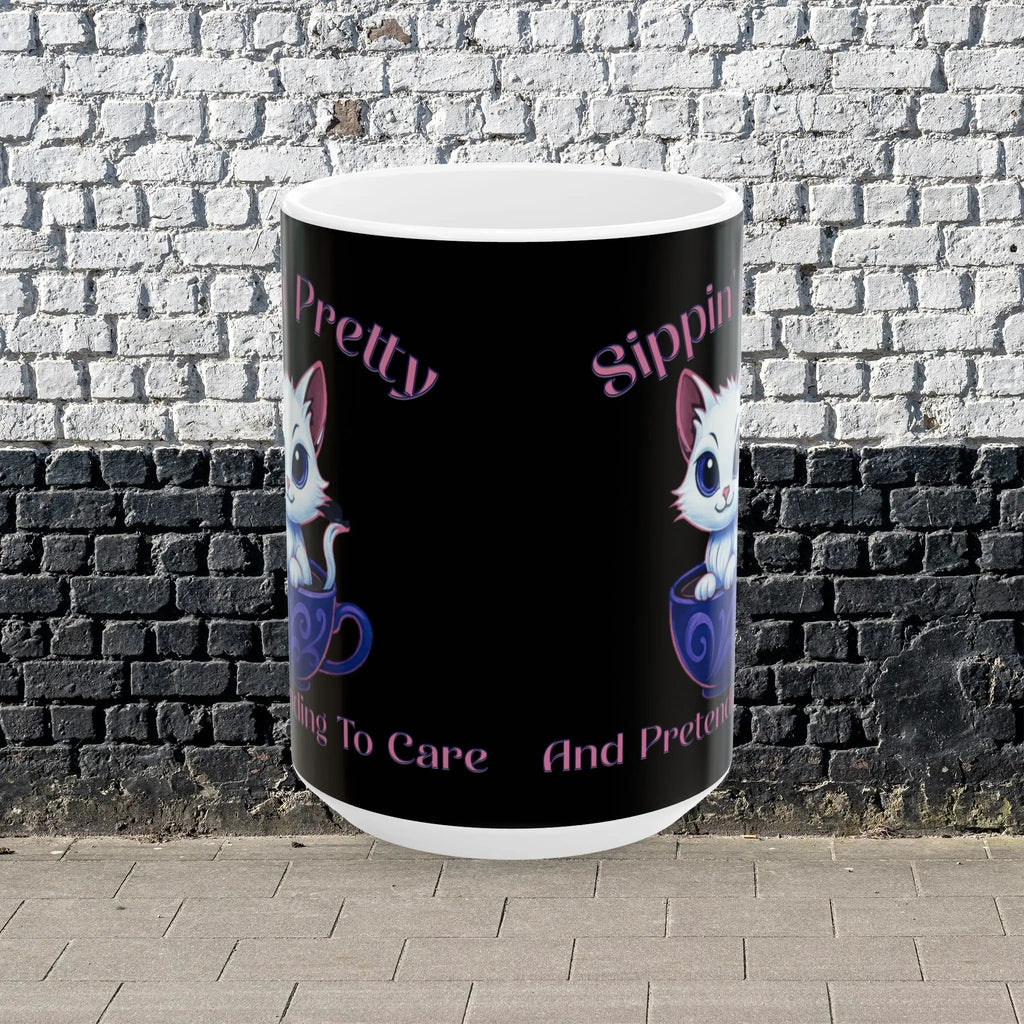 Sippin Pretty 15 oz Mug - Cute Cat Pretending to Care in Mug Printify
