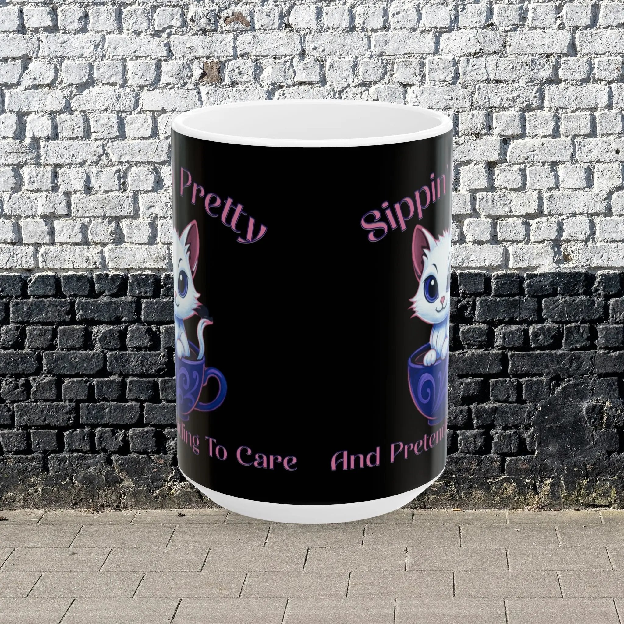 Sippin Pretty 15 oz Mug - Cute Cat Pretending to Care in Mug Printify