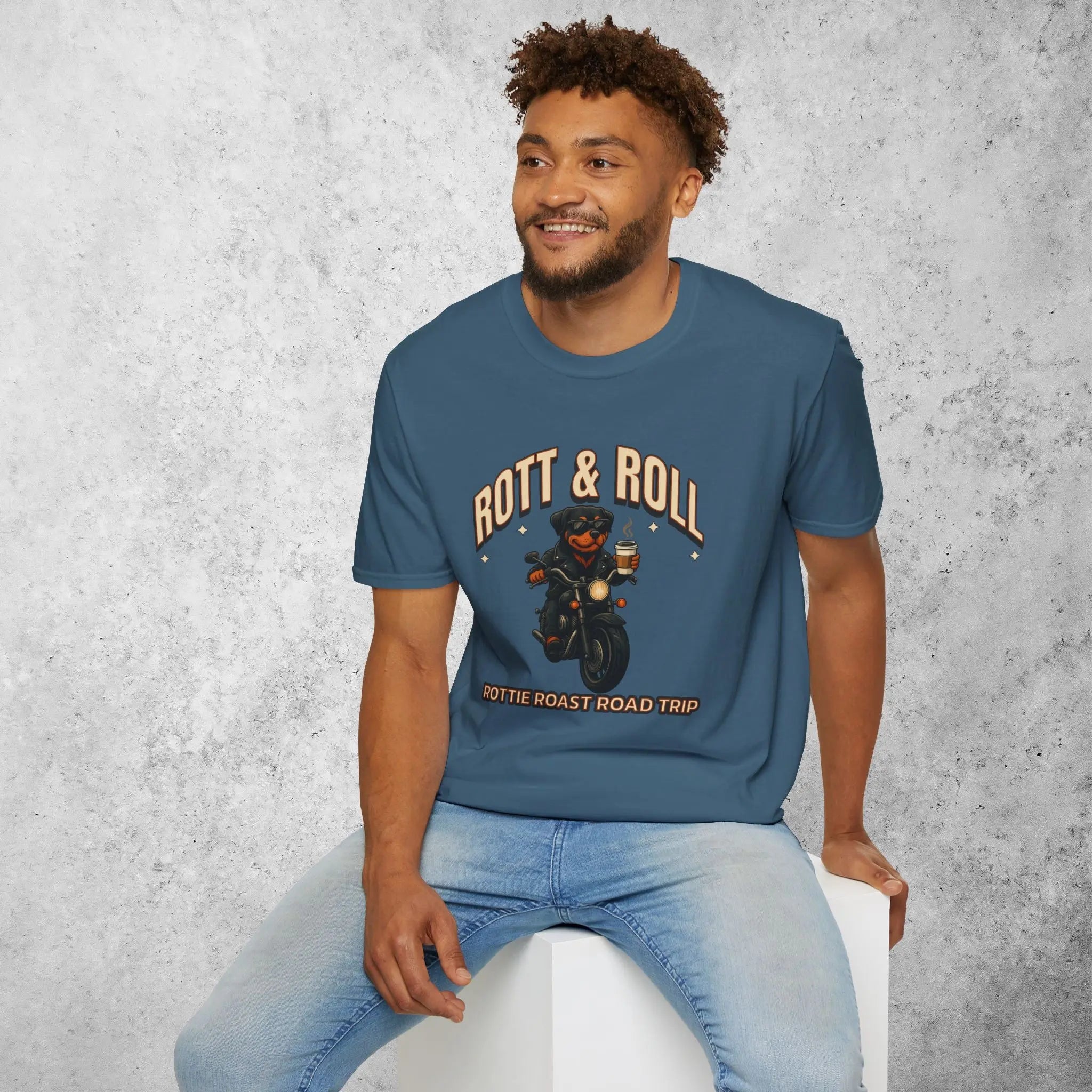 Rott & Roll T-Shirt — 'Rottie Roast Road Trip' Motorcycle Dog Graphic Tee Printify