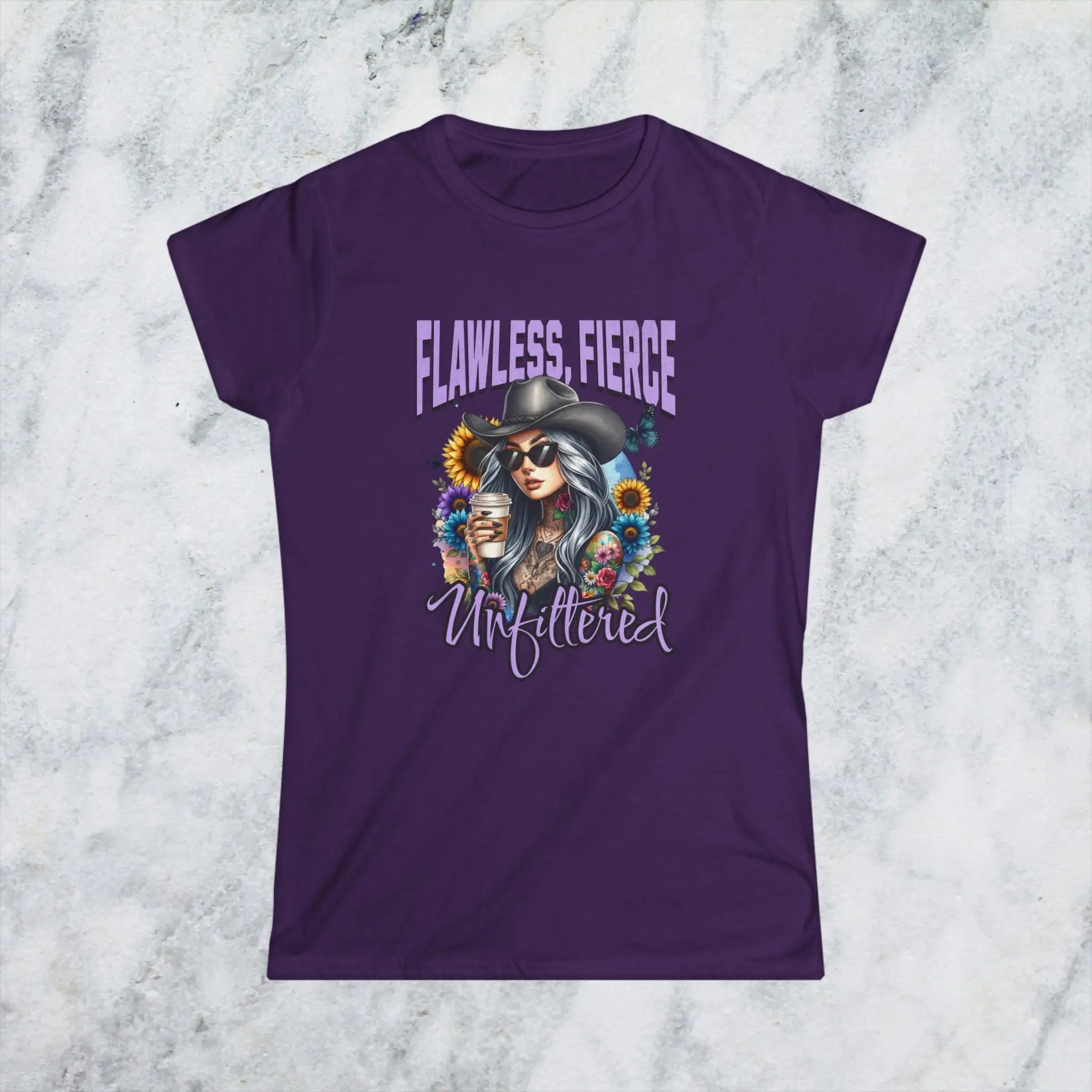 Unfiltered T-shirt - Sassy woman with cowboy hat and coffee surrounded by sunflowers Printify