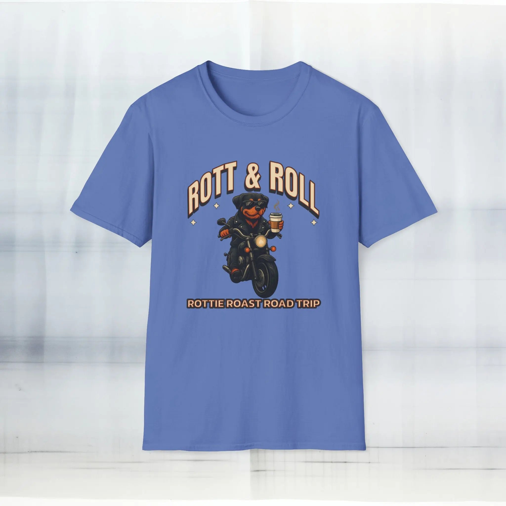 Rott & Roll T-Shirt — 'Rottie Roast Road Trip' Motorcycle Dog Graphic Tee Printify