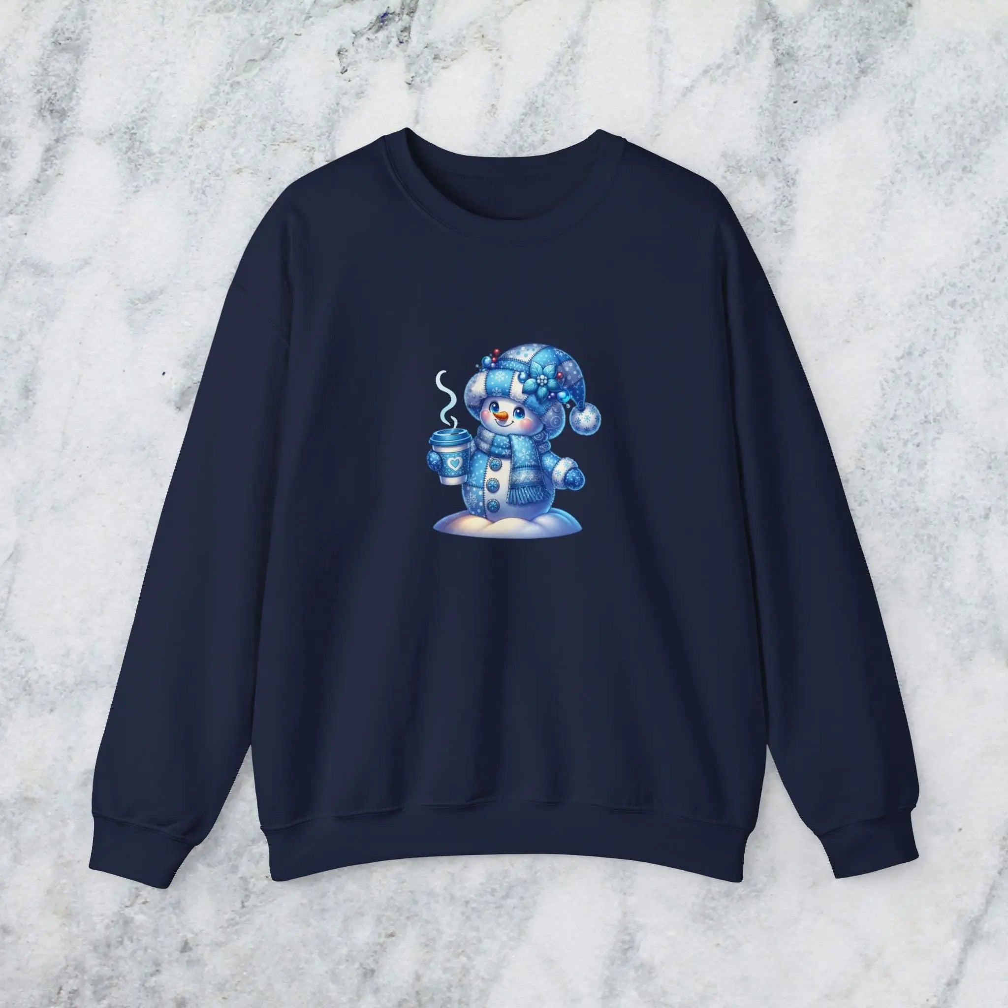 Snowman Coffee Faux Patchwork Sweatshirt — Cute Winter Crewneck Printify