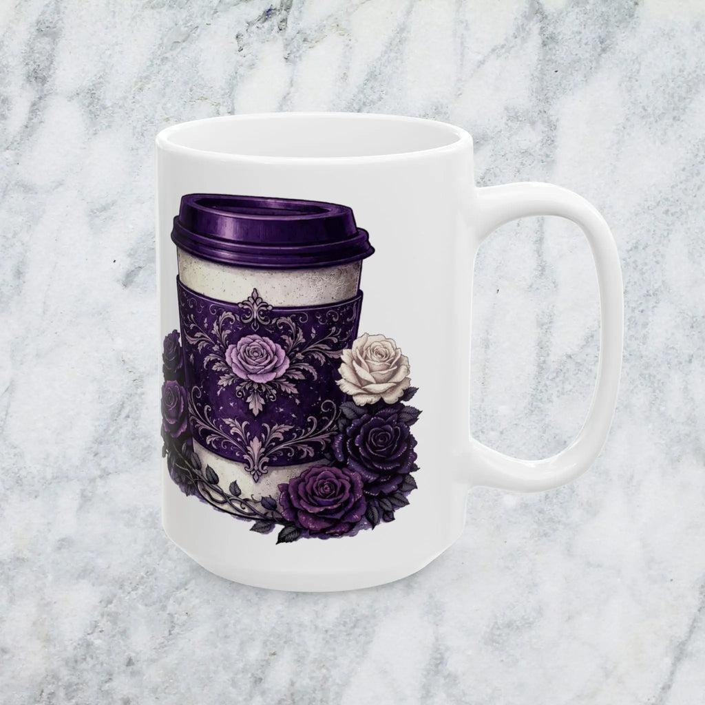 Gothic Purple Rose Coffee Mug (15oz) — Dark Floral Ceramic Coffee Cup - Boldly Bitter Company
