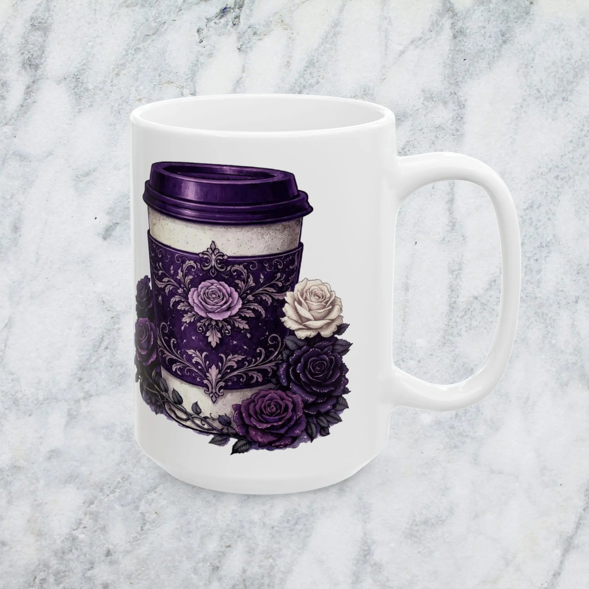 Gothic Purple Rose Coffee Mug (15oz) — Dark Floral Ceramic Coffee Cup - Boldly Bitter Company