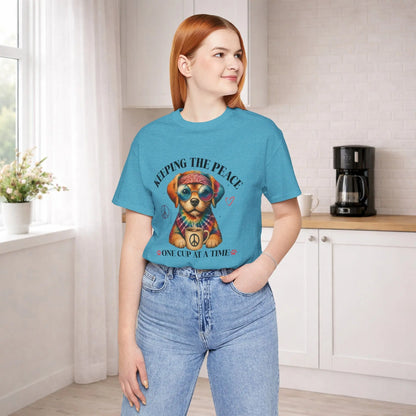 Keeping the Peace Puppy T‑Shirt — "One Cup at a Time" Coffee & Peace Dog Tee Printify
