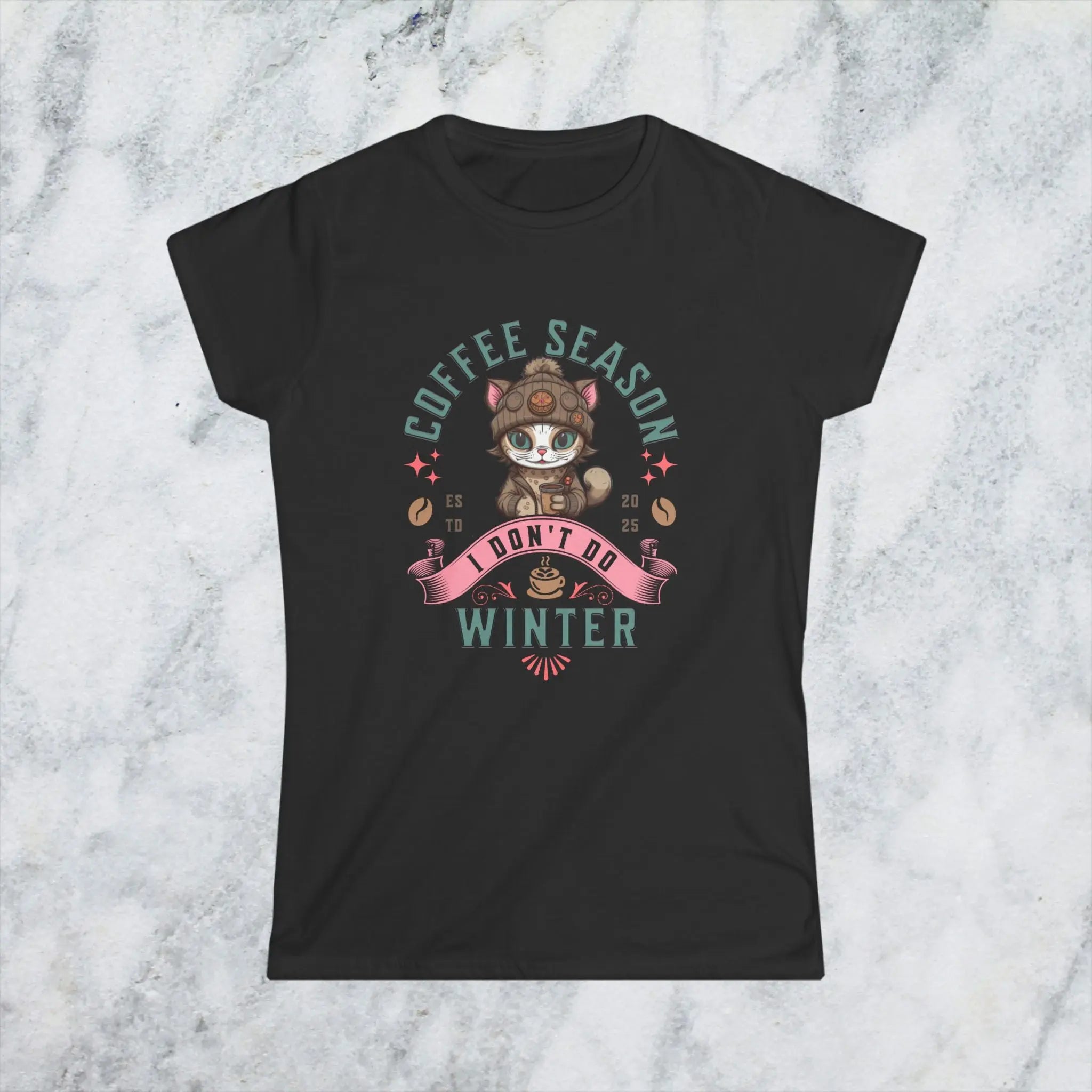 Coffee Season I Don’t Do Winter T-Shirt – Cute Funny Cat Coffee Lover Tee for Women, Cozy Winter Caffeine Gift, Lazy Morning Shirt Printify