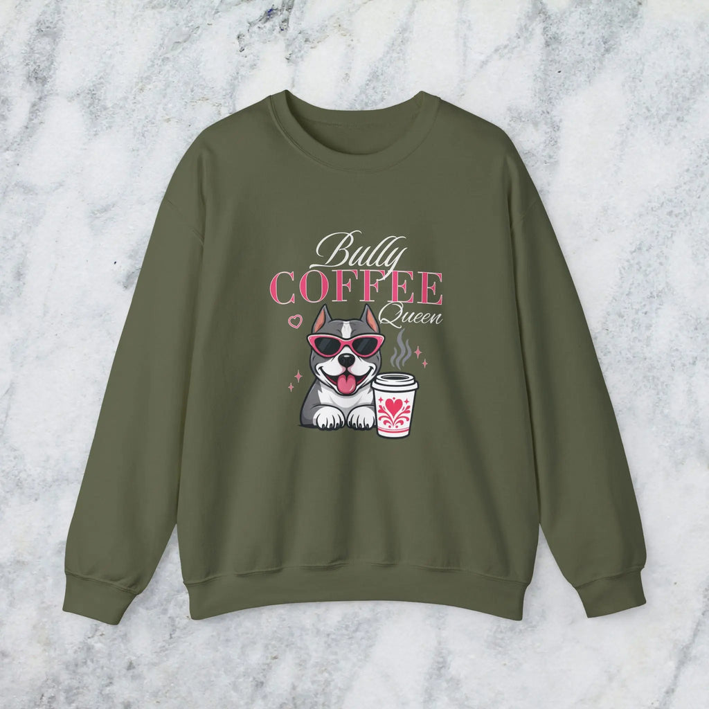 Bully Coffee Queen Sweatshirt — Pitbull with Coffee & Pink Shades Printify