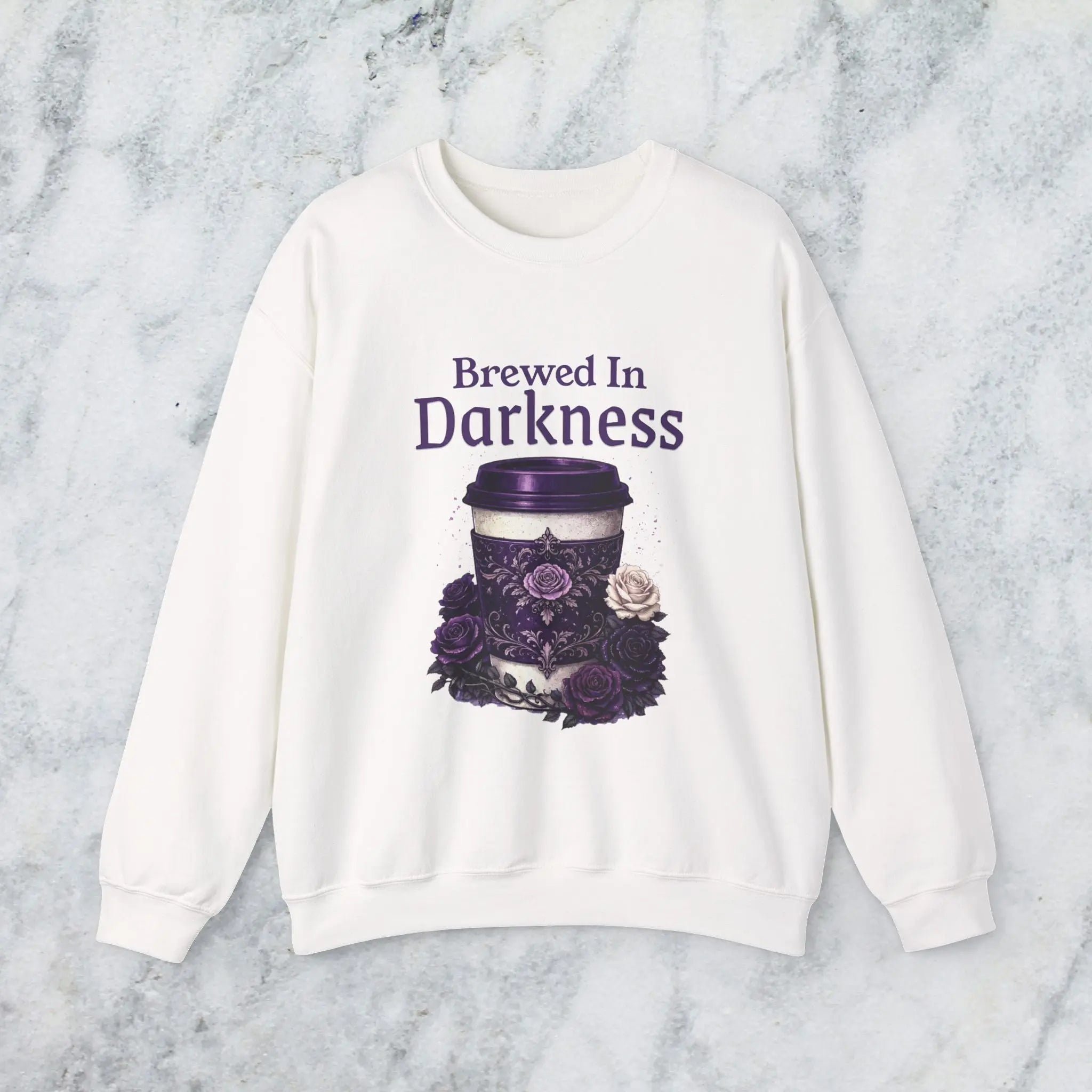 Brewed in Darkness Sweatshirt — Gothic Coffee Cup Graphic Printify