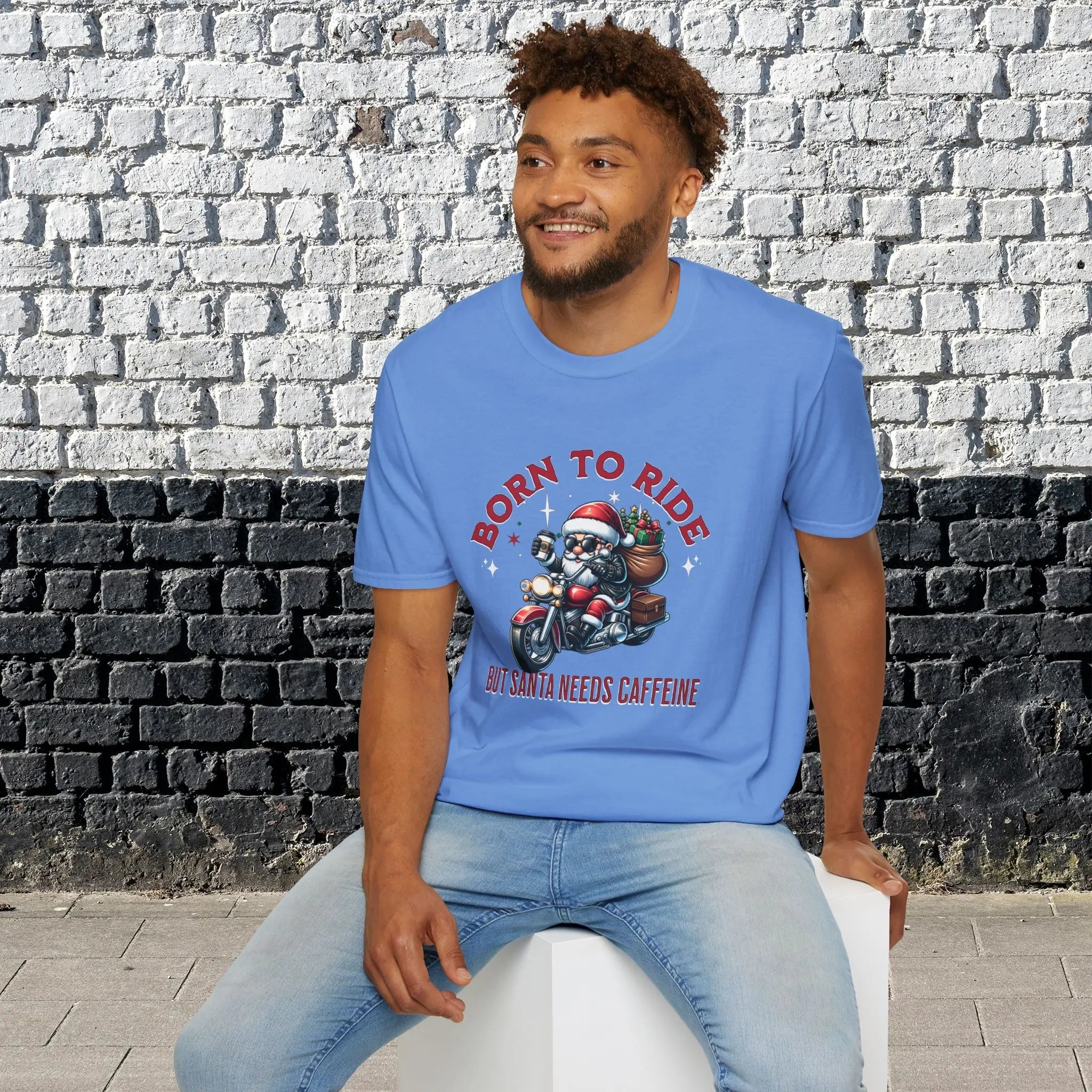 Santa Riding Motorcycle T-Shirt — "Born to Ride but Santa Needs Caffeine" Holiday Tee Printify