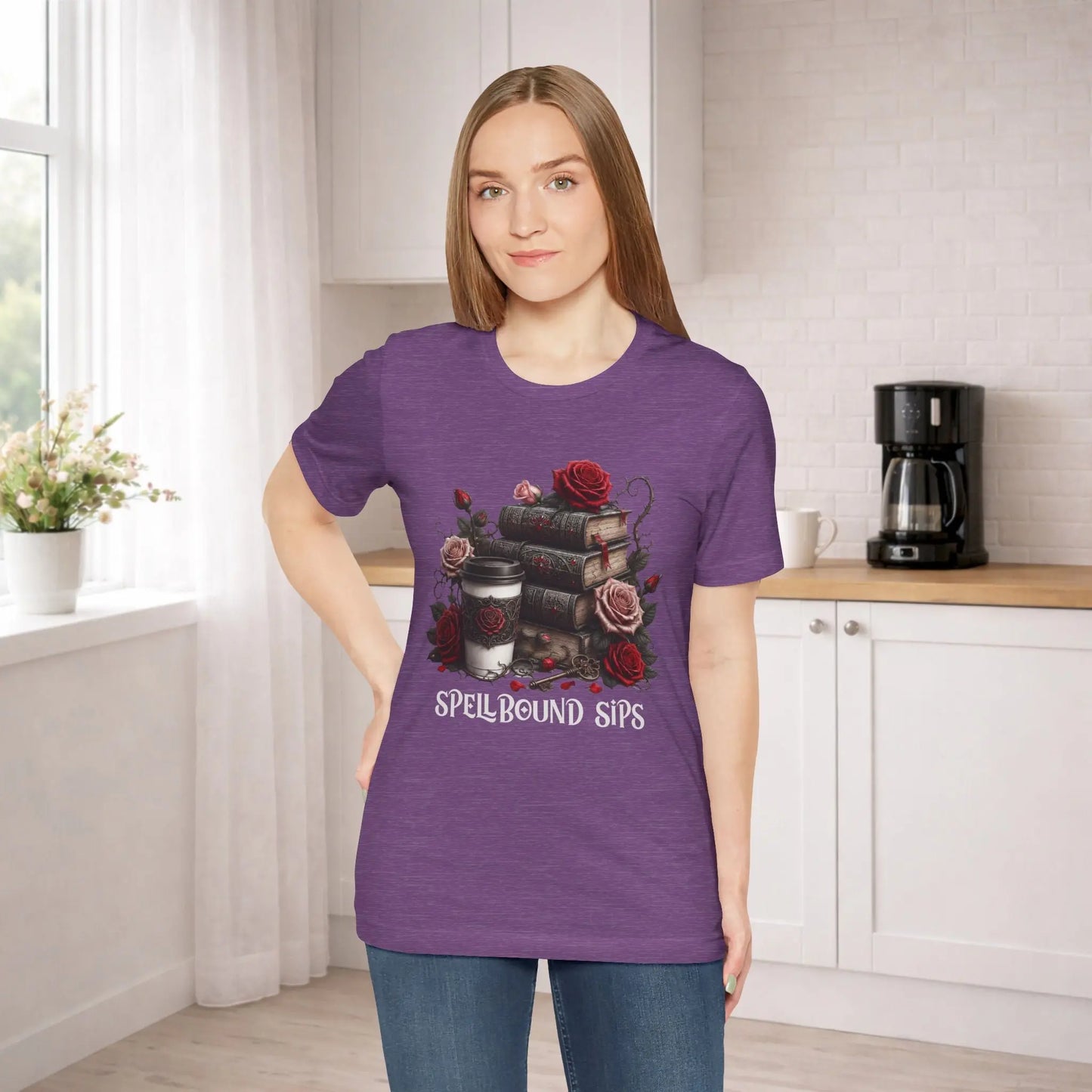 Spellbound Sips Tee - Gothic Book & Coffee Shirt Printify
