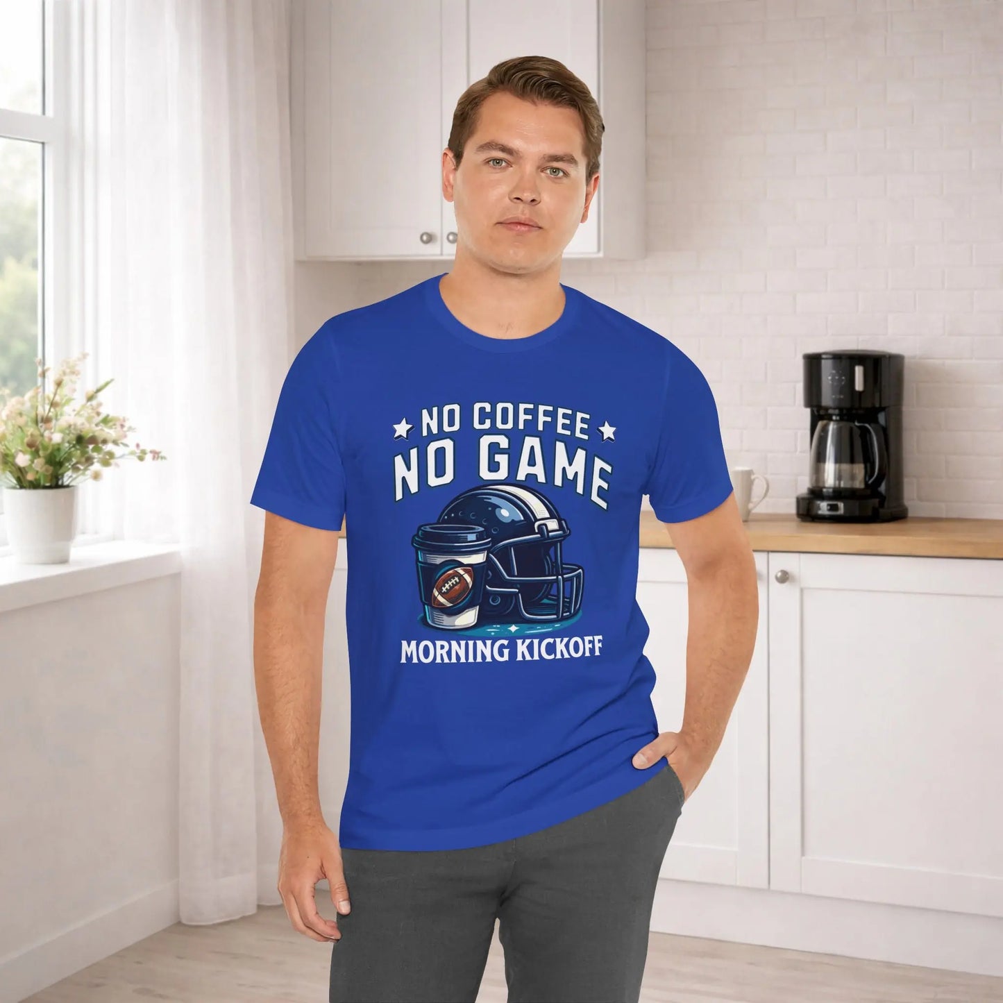 No Coffee No Game Football Tee — "Morning Kickoff" Helmet Graphic Shirt Printify