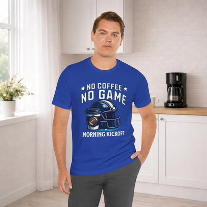 No Coffee No Game Football Tee — "Morning Kickoff" Helmet Graphic Shirt Printify