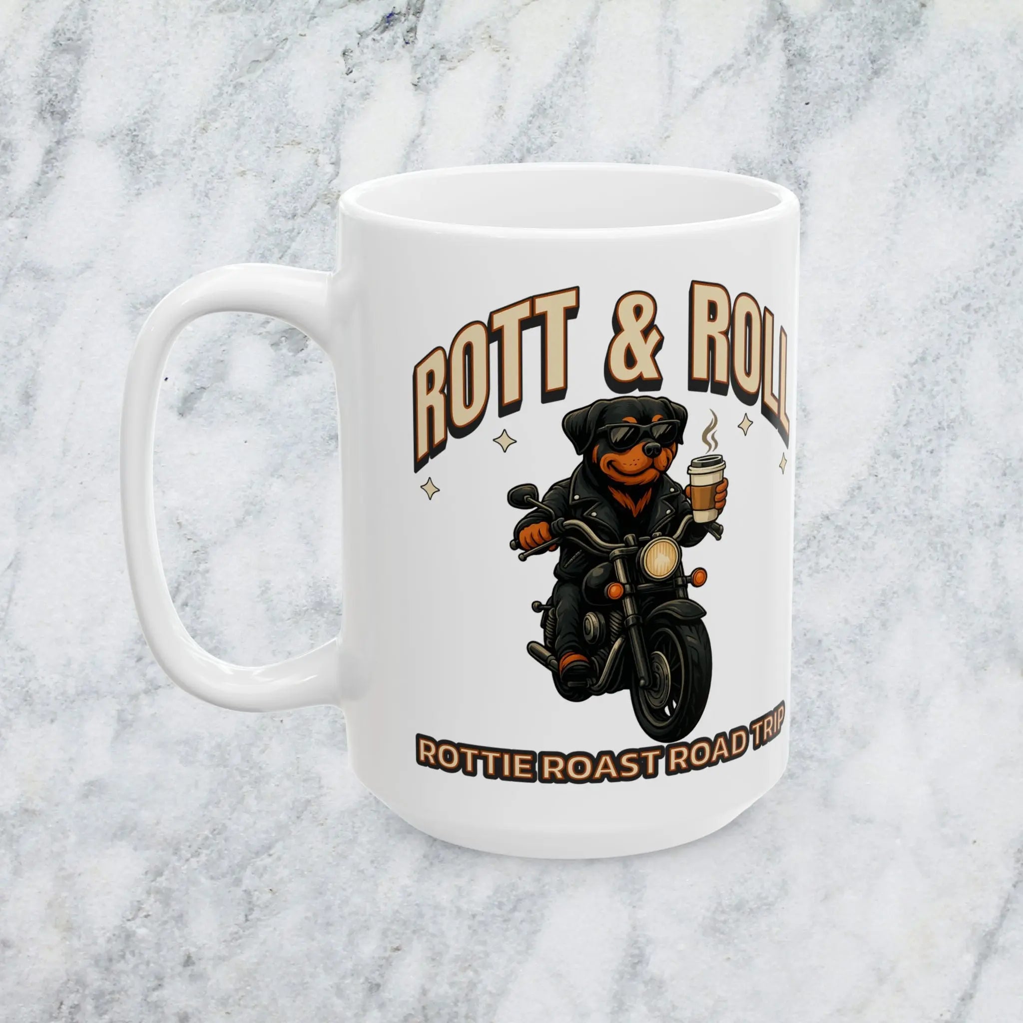 Rott & Roll Mug — Rotweiler on A Motorcycle Pet Lover Coffee Cup (15oz) Printify