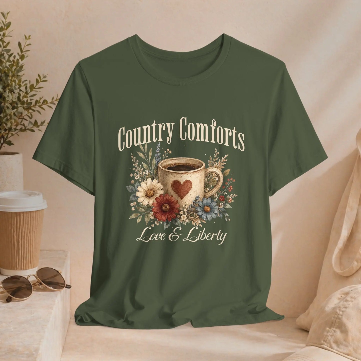 Country Comforts Tee – Love & Liberty Coffee Floral Graphic Shirt Printify