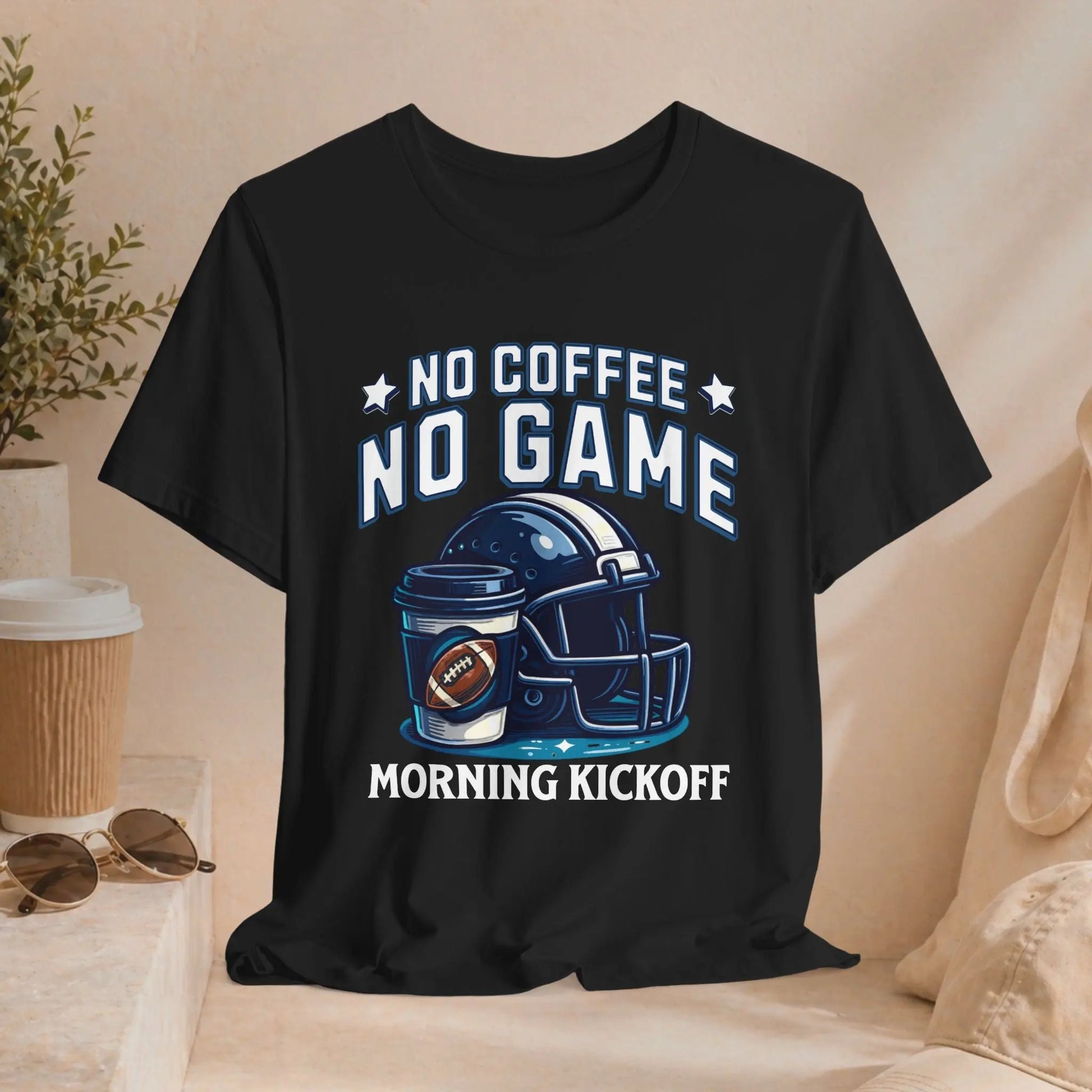 No Coffee No Game Football Tee — "Morning Kickoff" Helmet Graphic Shirt Printify
