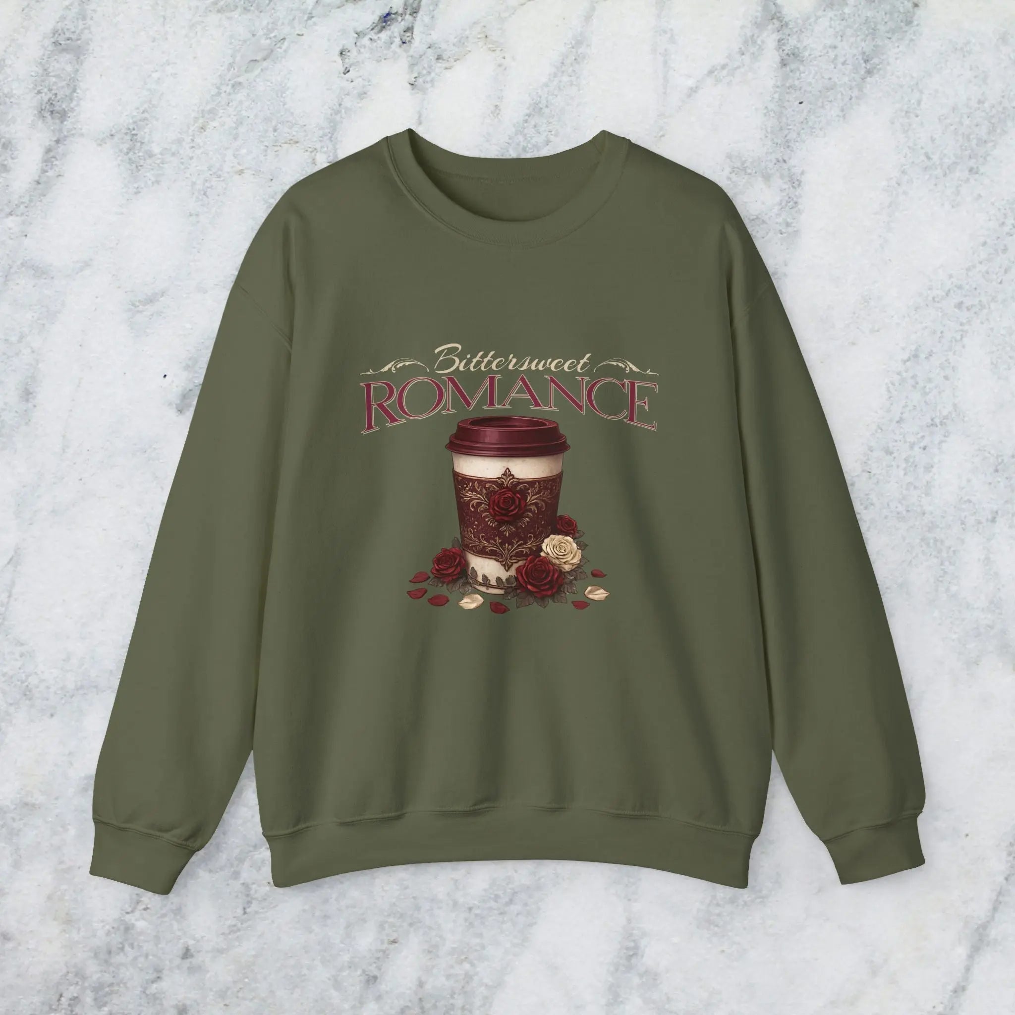 Bitterweet Romance Sweatshirt — Coffee & Roses Cozy Crewneck Printify