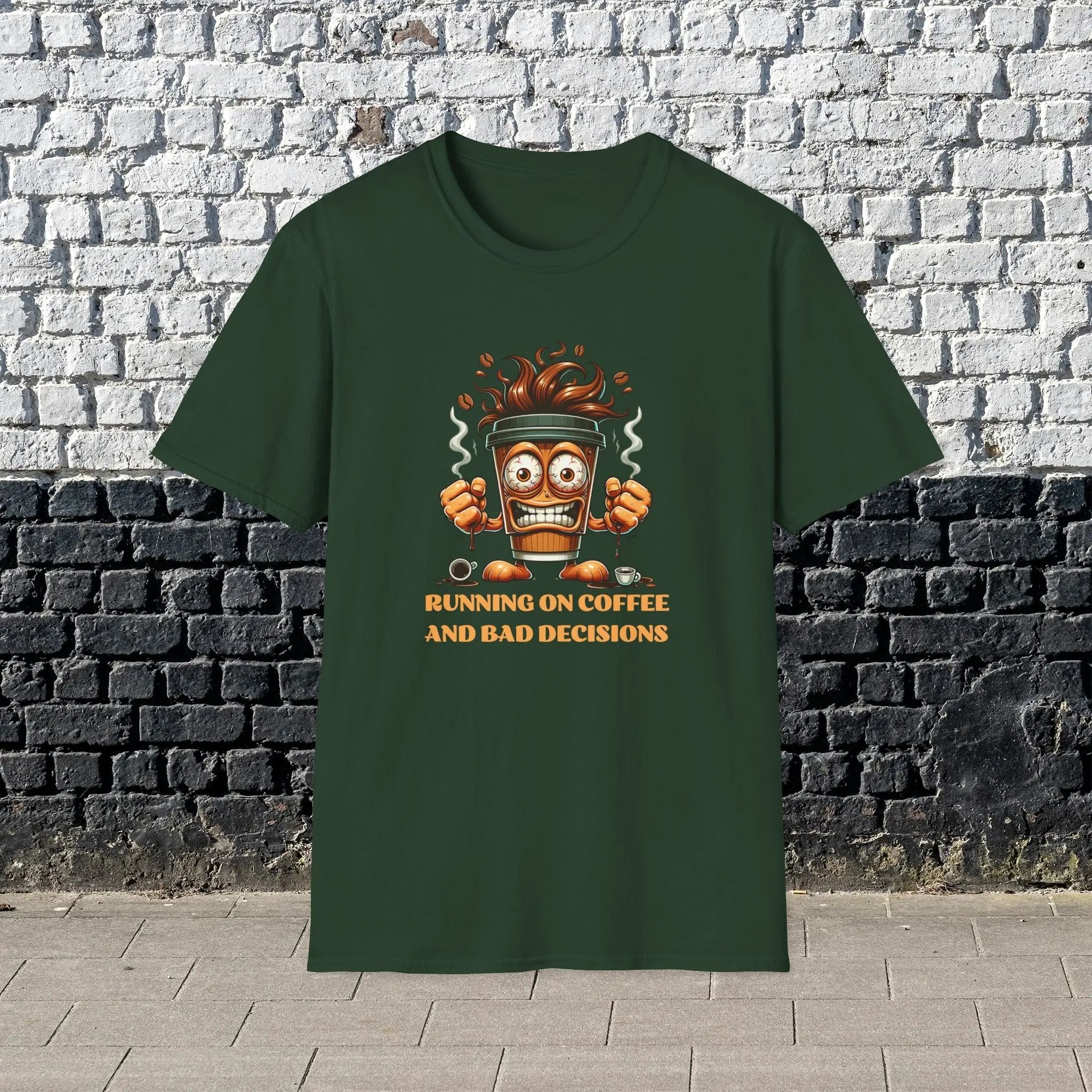 Running on Coffee and Bad Decisions Shirt – Funny Caffeine Lover T-Shirt, Sarcastic Coffee Tee, Gift for Coffee Addicts & Humor Fans Printify