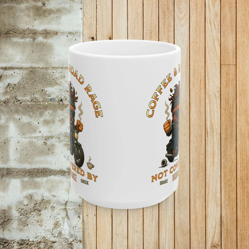 Coffee & Road Rage Mug – Funny Biker Coffee Cup 15oz, Motorcycle Rider Gift, Humor Mug for Men, Caffeine & Attitude Cup Printify