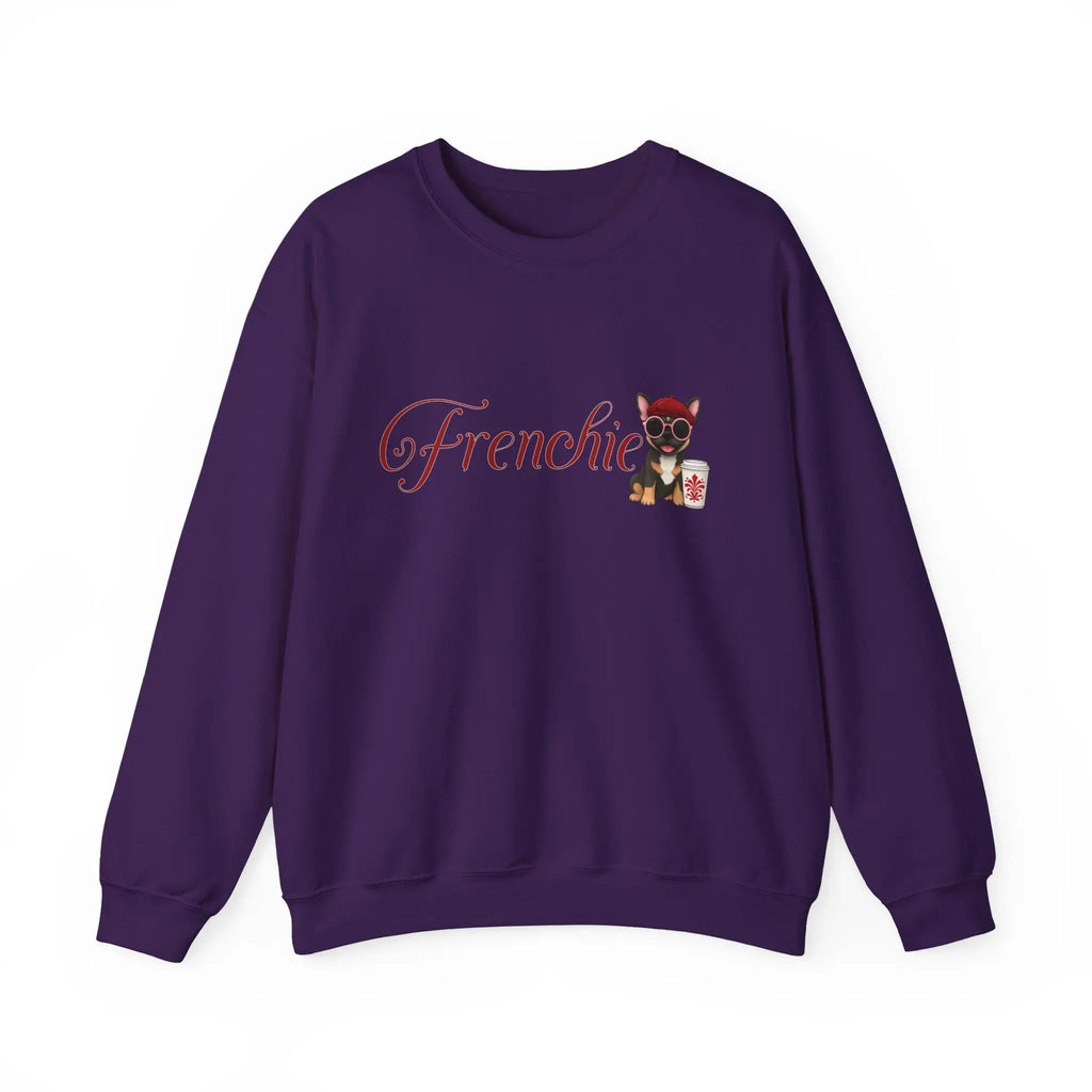 Frenchie Coffee Crewneck — Cute French Bulldog in Beret & Sunglasses Printify