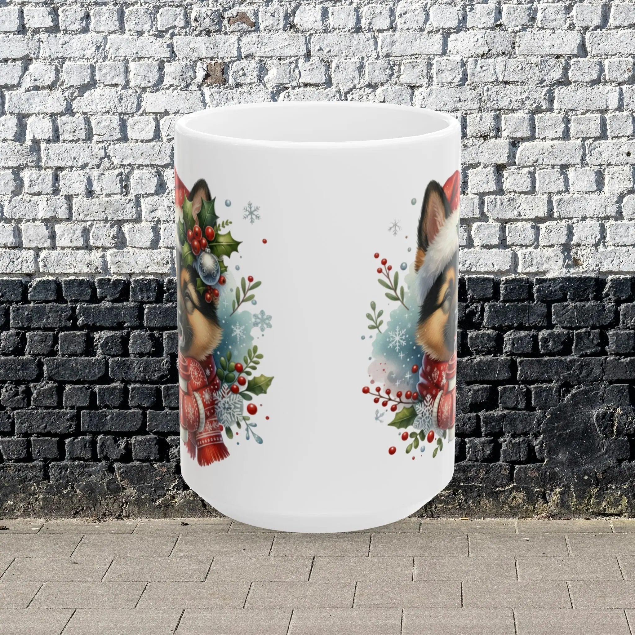 German Shepherd Puppy Christmas Mug — Cute Santa Hat Dog Coffee Ceramic Mug (11oz/15oz) Printify