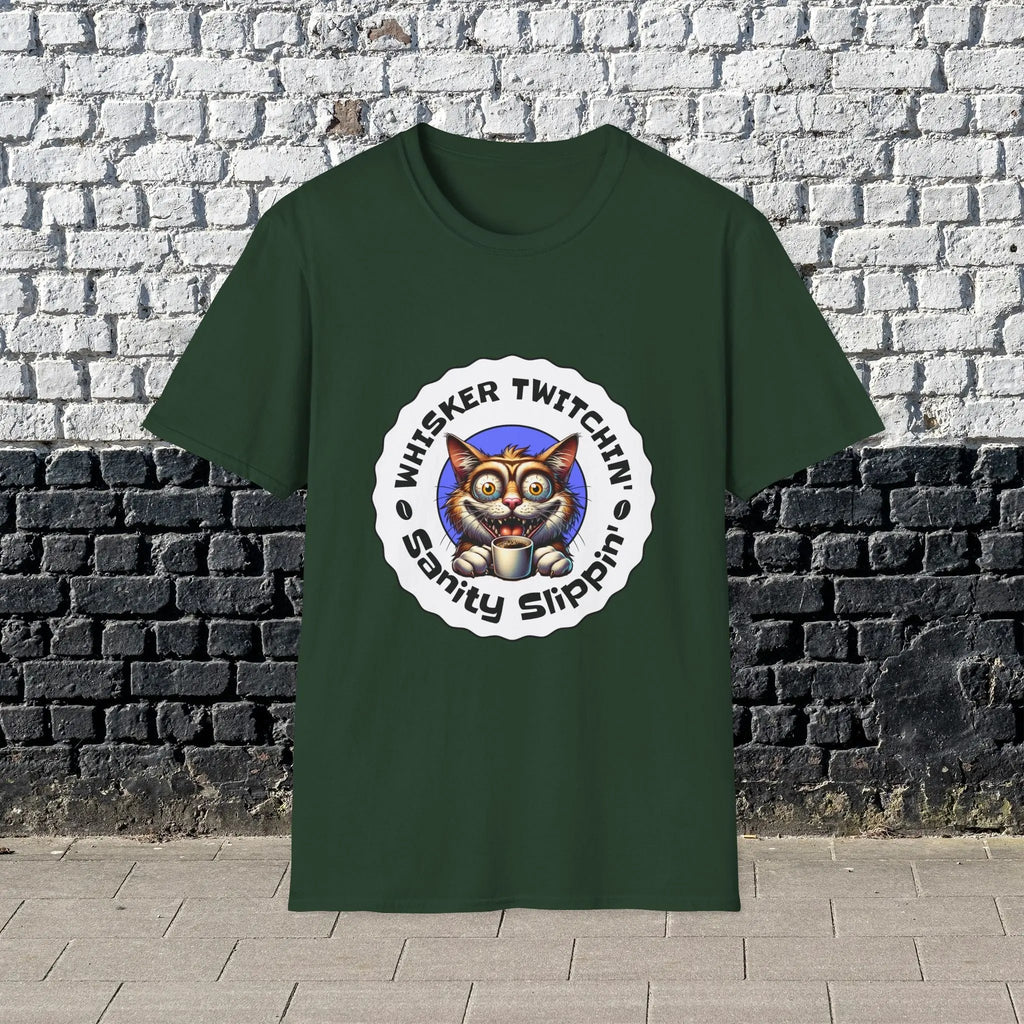 Whisker Twitchin’ Sanity Slippin’ T-Shirt – Funny Crazy Cat Coffee Lover Tee for Men and Women, Caffeine Addict Humor Gift Shirt Printify