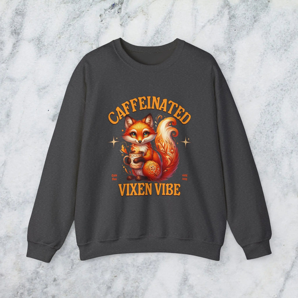 Caffeinated Vixen Vibe Sweatshirt, Cozy Unisex Crewneck for Coffee Lovers, Gift for Birthdays, Fall Fashion, Cute Animal Sweater Printify