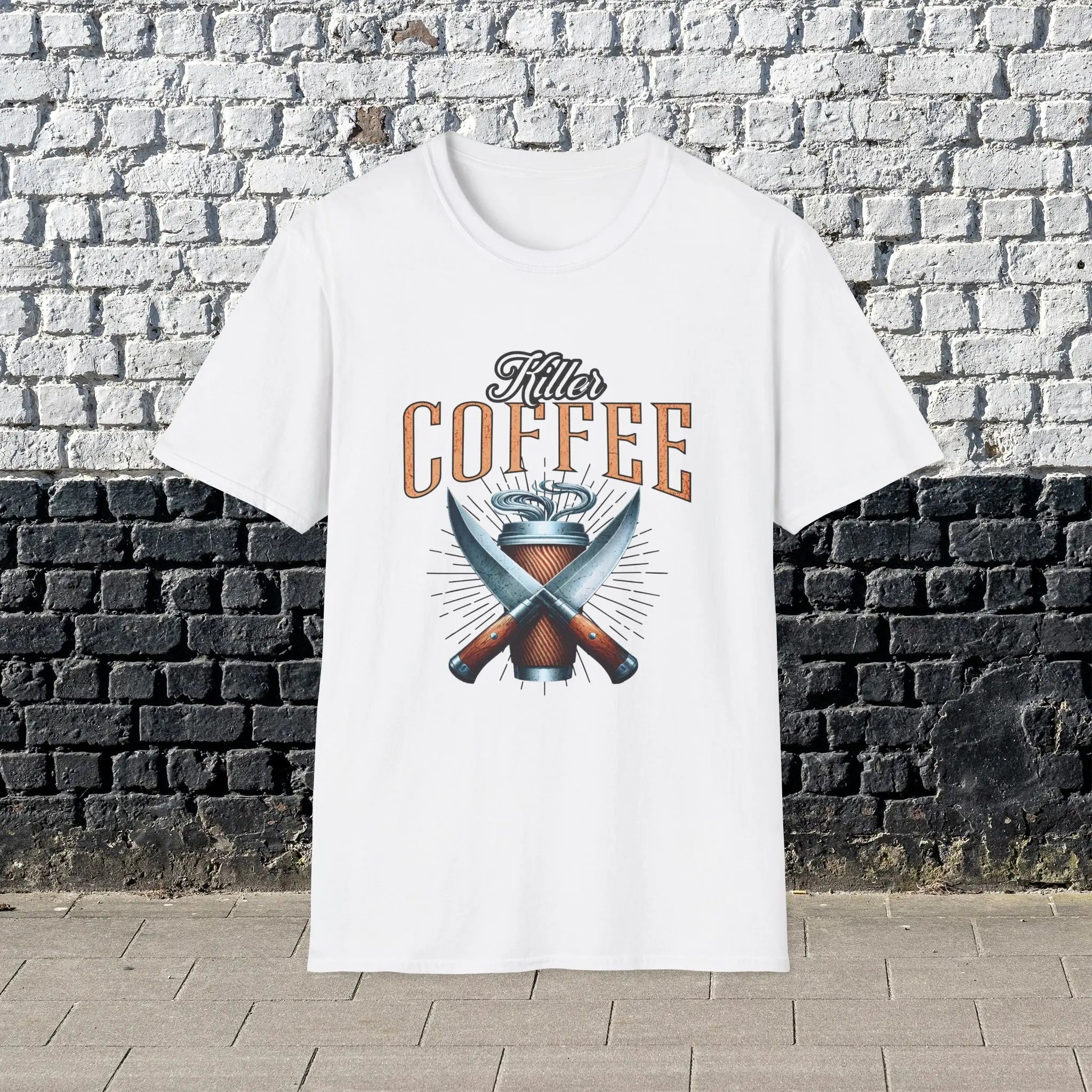 Killer Coffee T-Shirt — Crossed Knives & To-Go Cup Graphic Printify