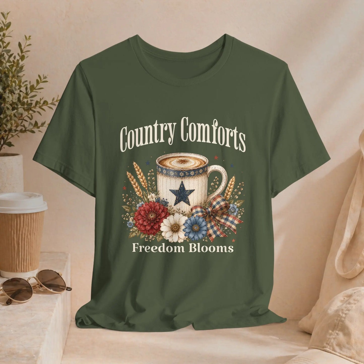 Country Comforts Tee – "Freedom Blooms" Floral Mug Graphic Printify