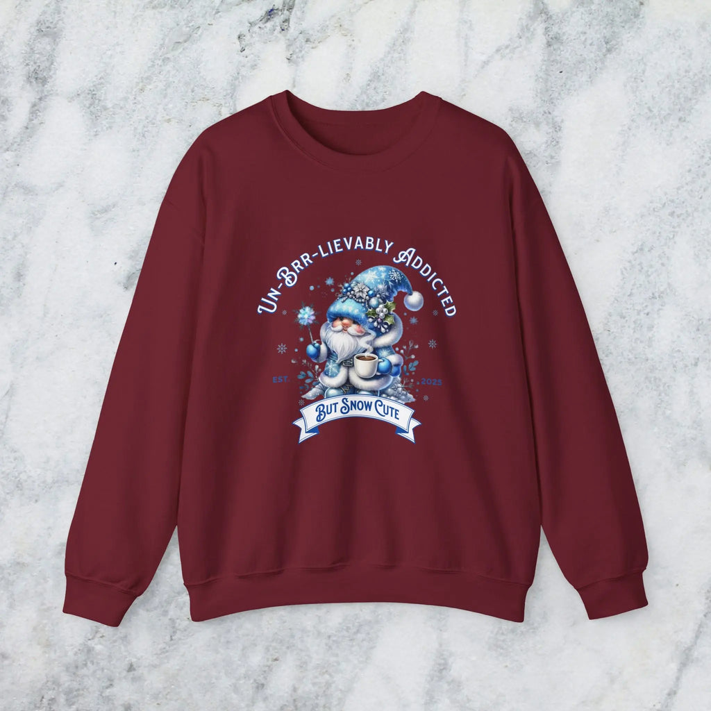 Unbrr-lievalby Addicted Sweatshirt - cute gnome with magic wand holding coffee winter shirt Printify