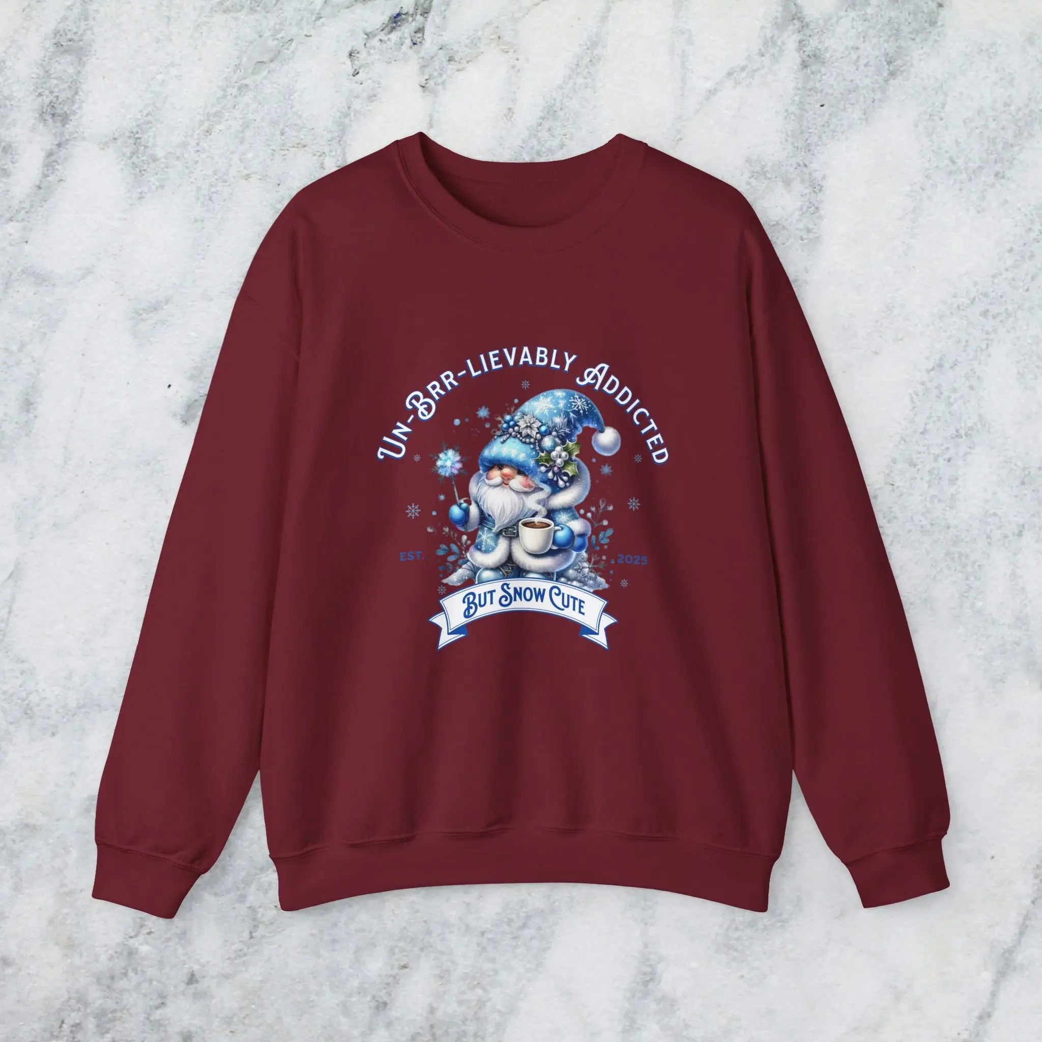 Unbrr-lievalby Addicted Sweatshirt - cute gnome with magic wand holding coffee winter shirt Printify